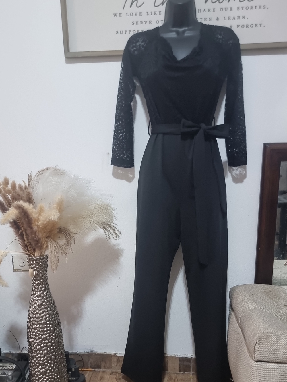 Elegant Black Lace-Waist Jumpsuit with Tie Belt